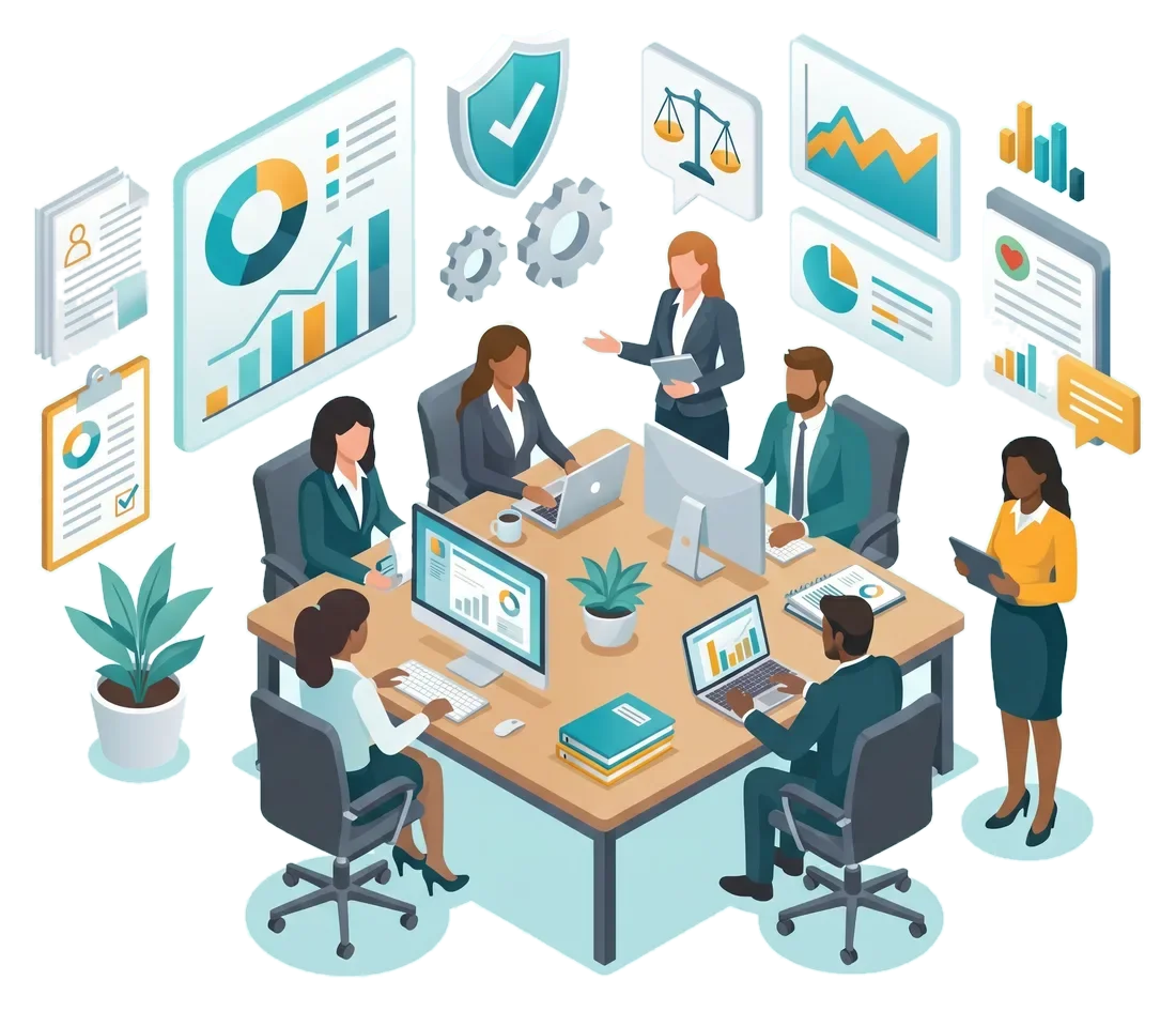 Isometric illustration of an HR team reviewing dashboards, charts, and compliance icons